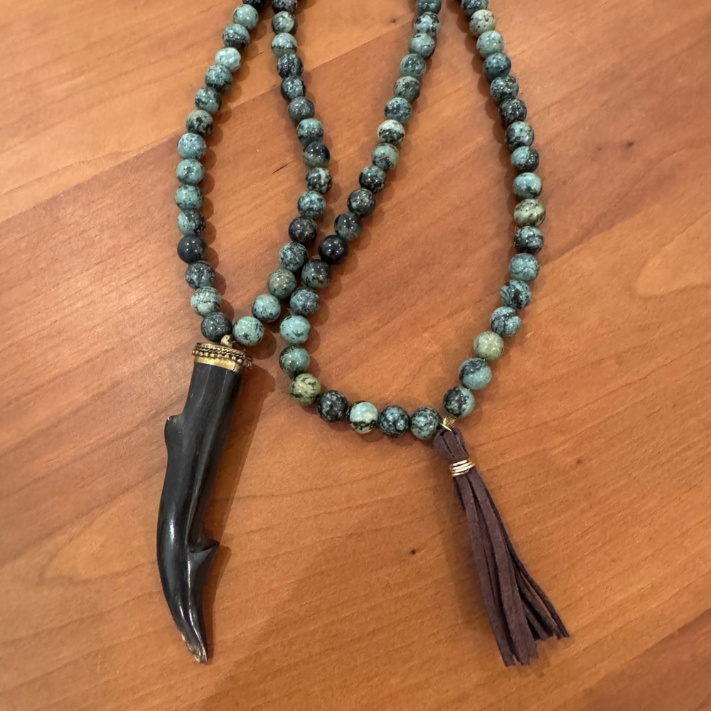 African Turquoise Jasper Beaded Necklace W/ Black Horn Pendant  23”